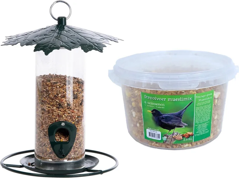 Vogel voedersilo met bladerdak metaal 23 cm inclusief 4-zeizoenen mueslimix vogelvoer - Vogel voederstation - Vogelvoederhuisje by Esschert Design in Silver – product photo