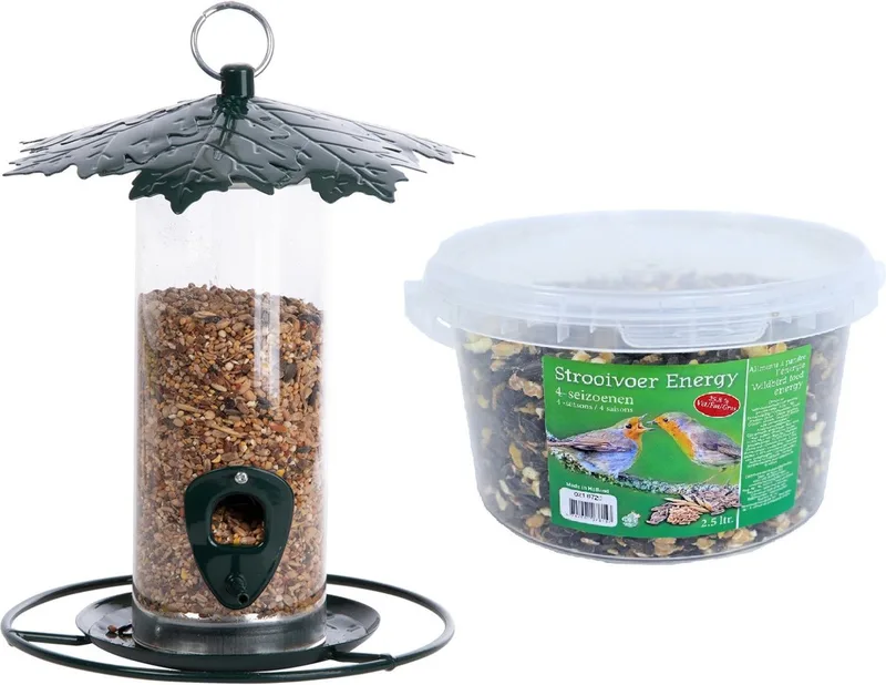 Vogel voedersilo met bladerdak metaal 23 cm inclusief 4-zeizoenen energy vogelvoer - Vogel voederstation - Vogelvoederhuisje by Esschert Design in Silver – product photo