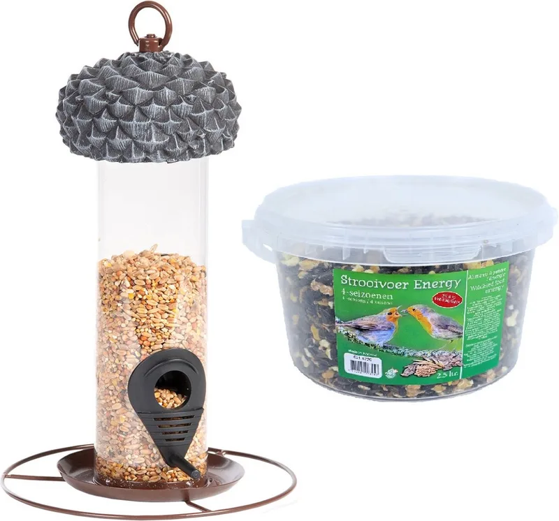 Vogel voedersilo met eikeldeksel metaal/pvc 27 cm inclusief 4-seizoenen energy vogelvoer - Vogel voederstation - Vogelvoederhuisje by Esschert Design in Grey – product photo