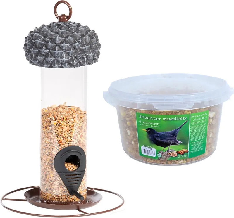Vogel voedersilo met eikeldeksel metaal/pvc 27 cm inclusief 4-seizoenen mueslimix vogelvoer - Vogel voederstation de Esschert Design en Gris – photo produit