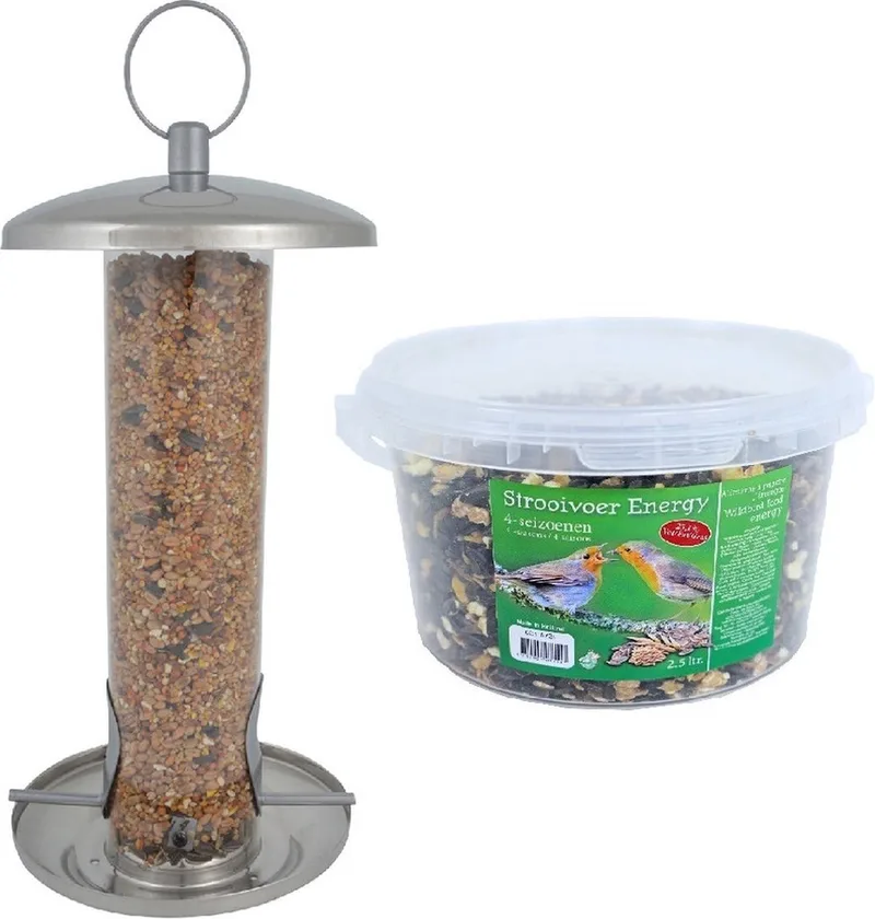 Vogel voedersilo RVS 27 cm inclusief 4-seizoenen energy vogelvoer - Vogel voederstation - Vogelvoederhuisje von Esschert Design in Silber – Produktfoto