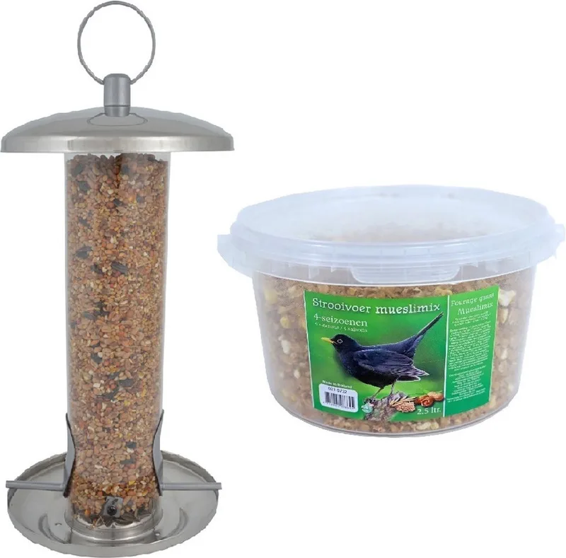 Vogel voedersilo RVS 27 cm inclusief 4-seizoenen mueslimix vogelvoer - Vogel voederstation - Vogelvoederhuisje by Esschert Design in Silver – product photo