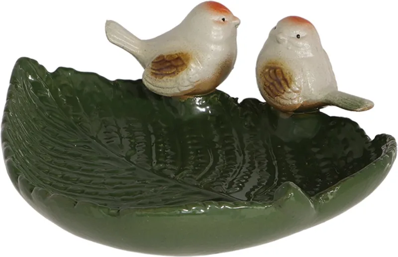 Vogelbad keramiek vogels op blad 7 cm hoog - voedersystemen - vogelbadje - keramiek- polyresin - tuinieren - tuinfiguur - tuindecoratie - tuinaccessoire - geschenk - cadeau - vogelliefhebbers fra Esschert Design i Grøn – produktbillede