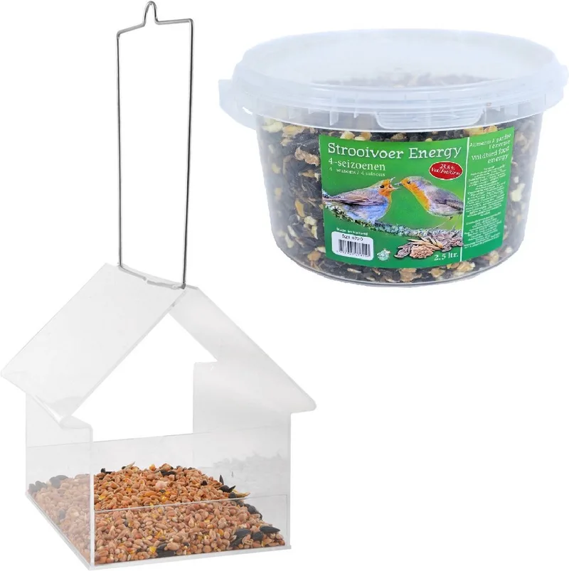 Vogelhuisje/voedertafel kunststof 15 cm inclusief 4-seizoenen energy vogelvoer - Vogelvoederhuisje by Esschert Design in Transparent – product photo