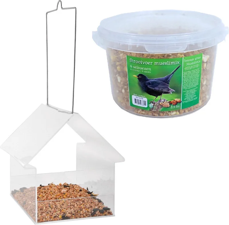 Vogelhuisje/voedertafel kunststof 15 cm inclusief 4-seizoenen mueslimix vogelvoer - Vogelvoederhuisje de Esschert Design en Transparent – photo produit