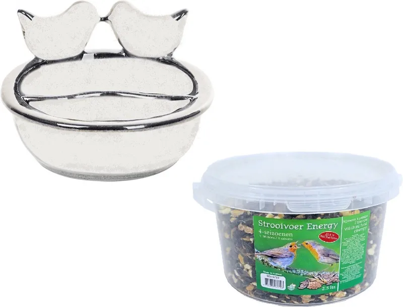 Vogelvoeder- en drinkschaal keramiek 21 cm inclusief 4-seizoenen energy vogelvoer - Vogel voederstation - Vogelvoederhuisje von Esschert Design in Weiß – Produktfoto