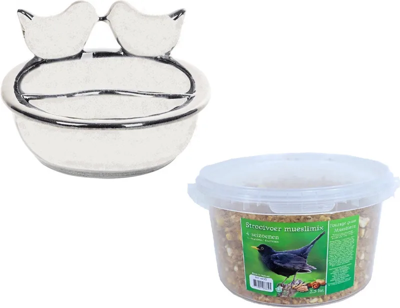Vogelvoeder- en drinkschaal keramiek 21 cm inclusief 4-seizoenen mueslimix vogelvoer - Vogel voederstation von Esschert Design in Weiß – Produktfoto