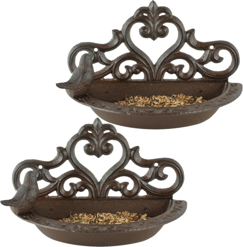 Wand vogel voederbak/drinkbak - 2x stuks - gietijzer - 24 cm - Vogelvoer - Vogelvoerbak - Vogeldrinkbak von Esschert Design in Braun – Produktfoto