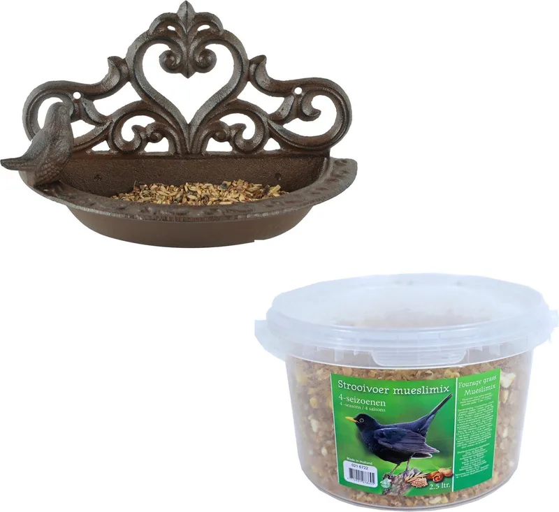 Wand vogel voederbak/drinkbak gietijzer 24 cm inclusief 4-seizoenen mueslimix vogelvoer - Vogel voederstation - Vogelvoederhuisje de Esschert Design en Beige – photo produit