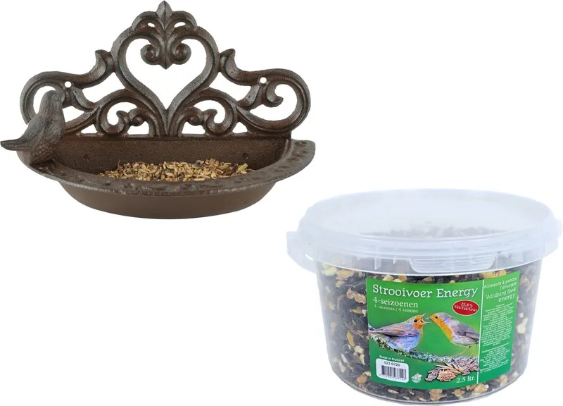 Wand vogel voederbak/drinkbak gietijzer 24 cm inclusief 4-seizoenen energy vogelvoer - Vogel voederstation - Vogelvoederhuisje de Esschert Design en Beige – photo produit