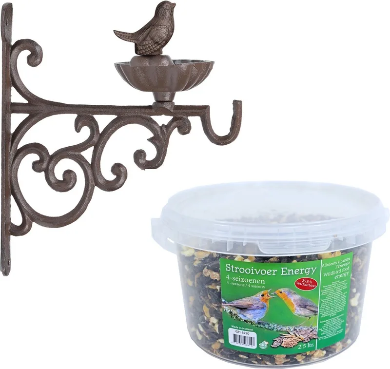 Wand vogel voederbak/drinkbak met haak gietijzer 19 cm inclusief 4-seizoenen energy vogelvoer - Vogel voederstation von Esschert Design in Braun – Produktfoto
