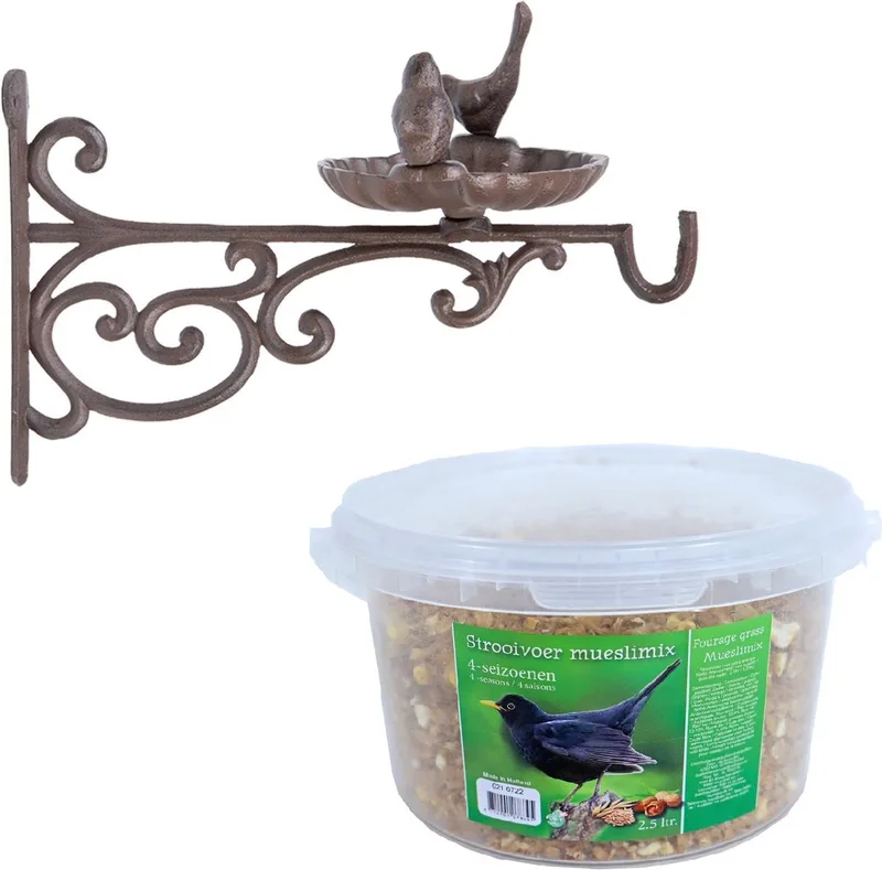 Wand vogel voederbak/drinkbak met haak gietijzer 35 cm inclusief 4-seizoenen mueslimix vogelvoer - Vogel voederstation von Esschert Design in Braun – Produktfoto