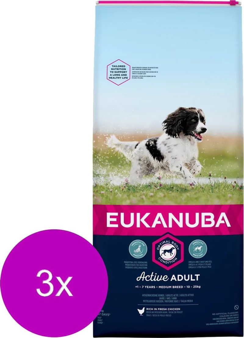 Active Adult Medium Breed Kip - Hondenvoer - 3 x 3 kg de Eukanuba – photo produit