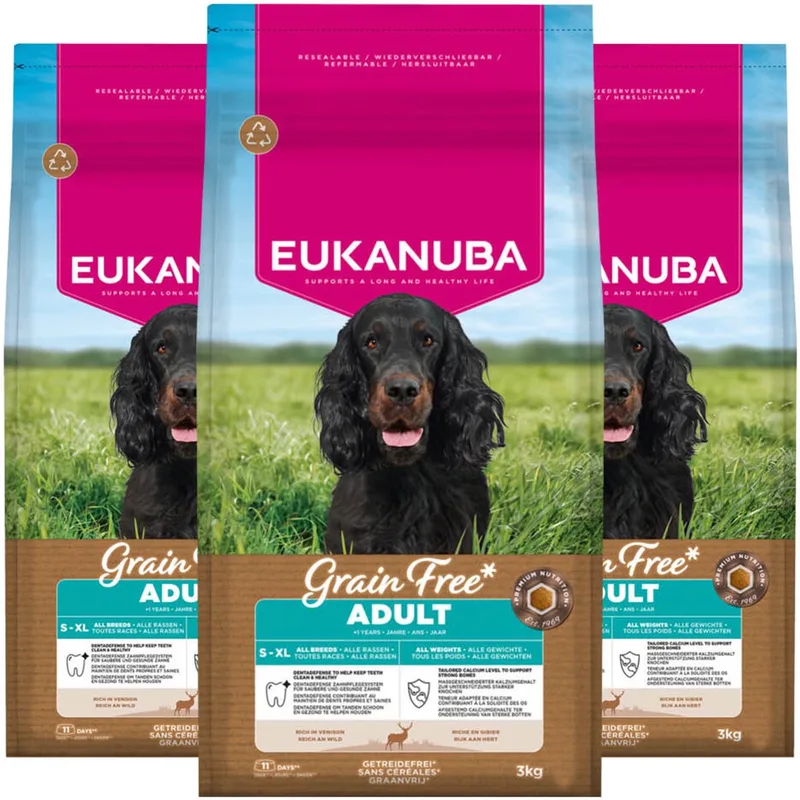 Hondenvoer Droog Grain Free Adult All Sizes Hert - 3 x 3 kg - Voordeelverpakking van Eukanuba – productfoto