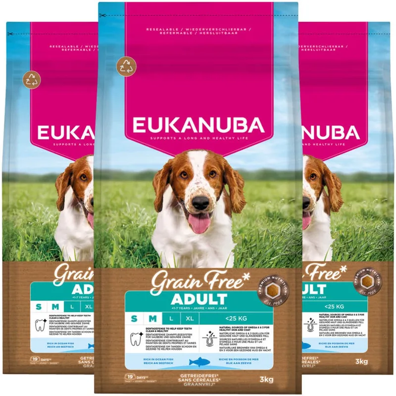 Hondenvoer Droog Grain Free Adult Small/Medium Oceaanvis - 3 x 3 kg - Voordeelverpakking by Eukanuba – product photo