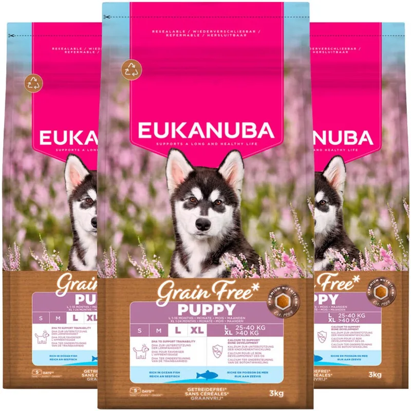 Hondenvoer Droog Grain Free Puppy Large Oceaanvis - 3 x 3 kg - Voordeelverpakking de Eukanuba – photo produit