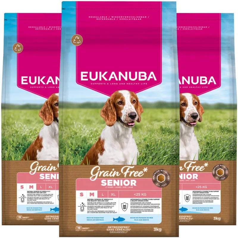 Hondenvoer Droog Grain Free Small/Medium Senior Oceaanvis - 3 x 3 kg - Voordeelverpakking de Eukanuba – photo produit