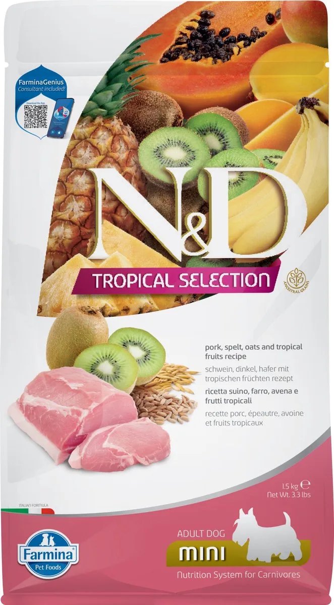 Dog Tropical Selection Pork Adult Mini 1,5 kg van Farmina – productfoto