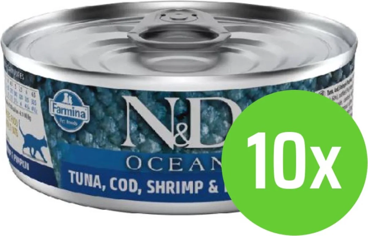 Kat Ocean Tonijn, Kabeljauw, Garnalen & Pompoen Adult 80 gram - 10 blikjes de Farmina – photo produit