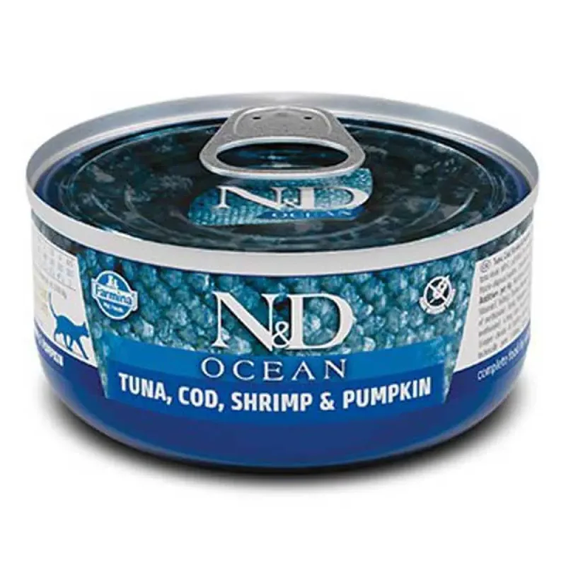 Nassfutter Für Katzen Mit Thunfisch Kabeljau Garnelen Und Kürbis 70g von Farmina – Produktfoto