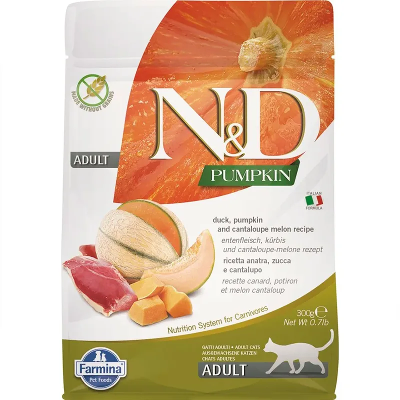 Pompoen Eend En Cantaloupe Meloen Volwassen Kattenvoer 300g by Farmina – product photo