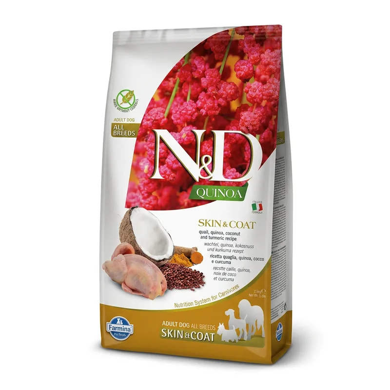 Quinoa Coat Formula (Kwartelvlees, quinoa, kokos en kurkuma) Volwassen hondenvoer 2,5 kg van Farmina – productfoto
