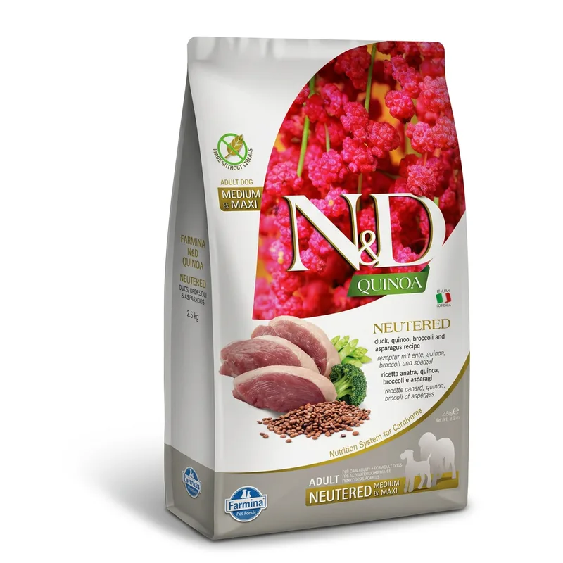 Quinoa Formula Adult Hundefutter für kastrierte Hunde, Mittelgroße und große Rassen - Ente, Brokkoli & Spargel 2,5 kg de Farmina – photo produit