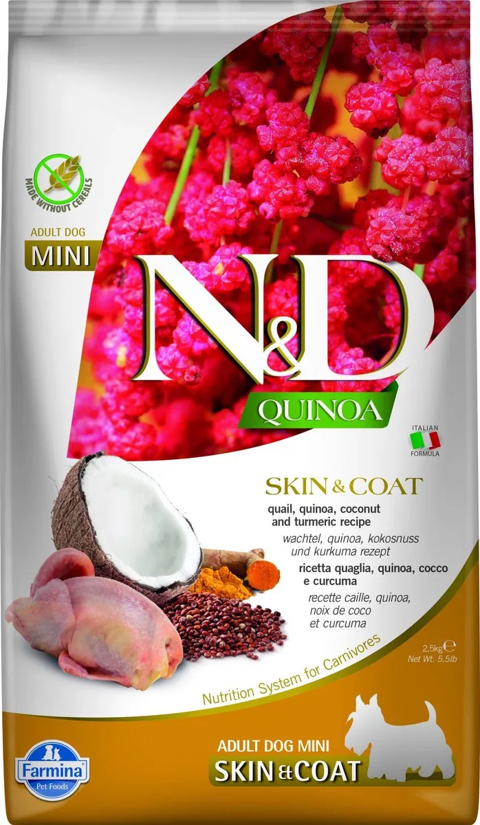 Quinoa hondenvoeding Skin & Coat - mini - Kwartel 2,5 kg fra Farmina – produktbillede