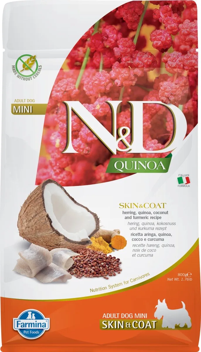 Quinoa hondenvoeding Skin & Coat small breed Haring 800 gr. de Farmina – photo produit
