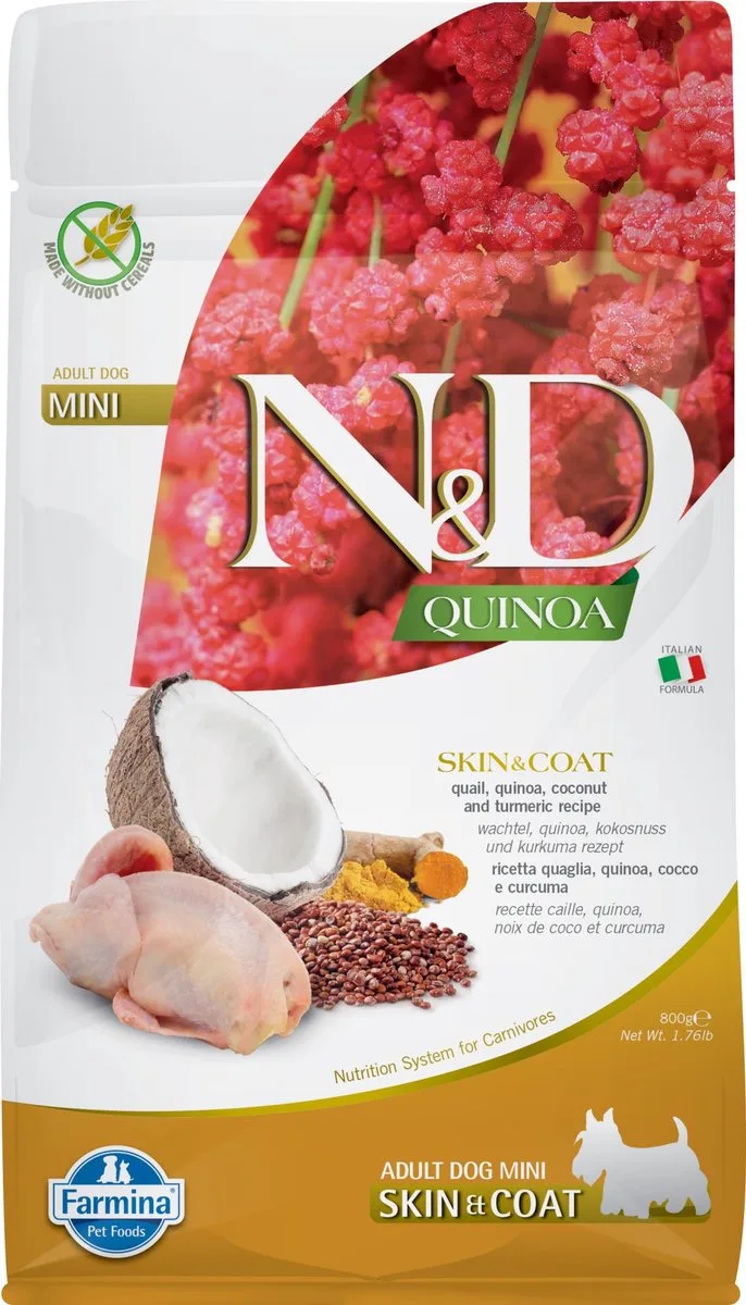Quinoa hondenvoeding Skin & Coat small breed Kwartel 800 gr. de Farmina – photo produit