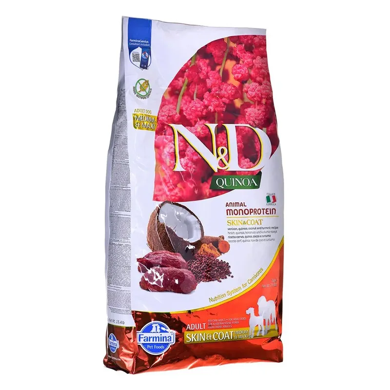 Quinoa Huid & Vacht Hertenvlees & Kokos Volwassen Medium & Maxi Hondenvoer 7kg de Farmina – photo produit