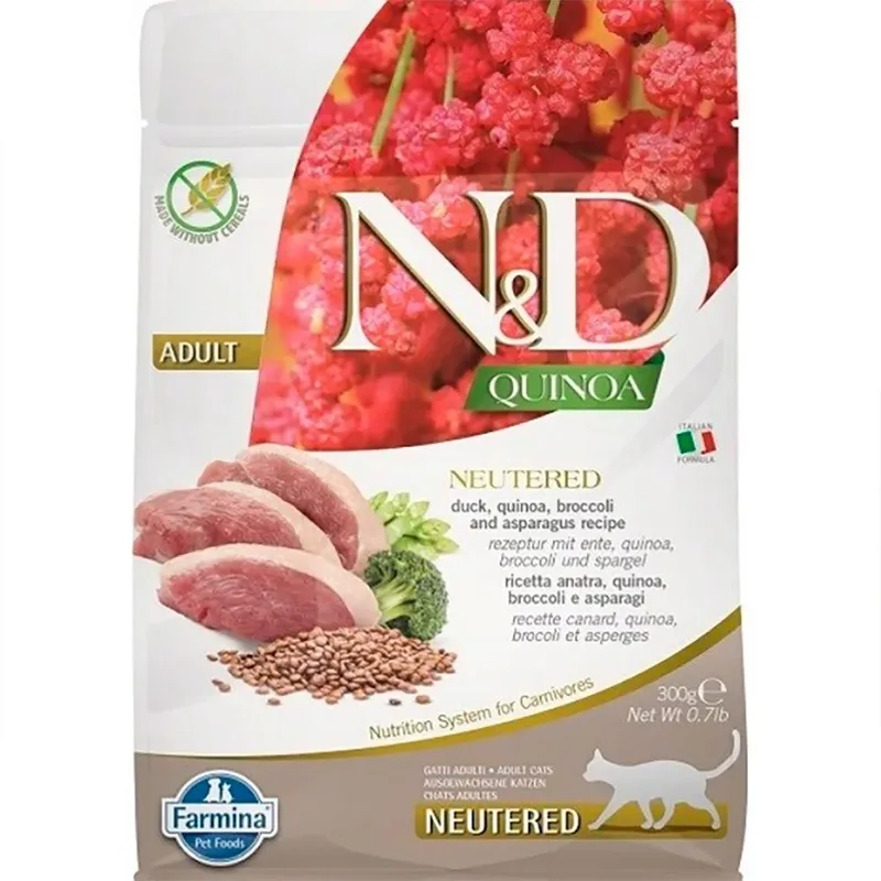 Quinoa Kat Eend Broccoli Asperges Gesteriliseerd Volwassen Kattenvoer 300g de Farmina – photo produit