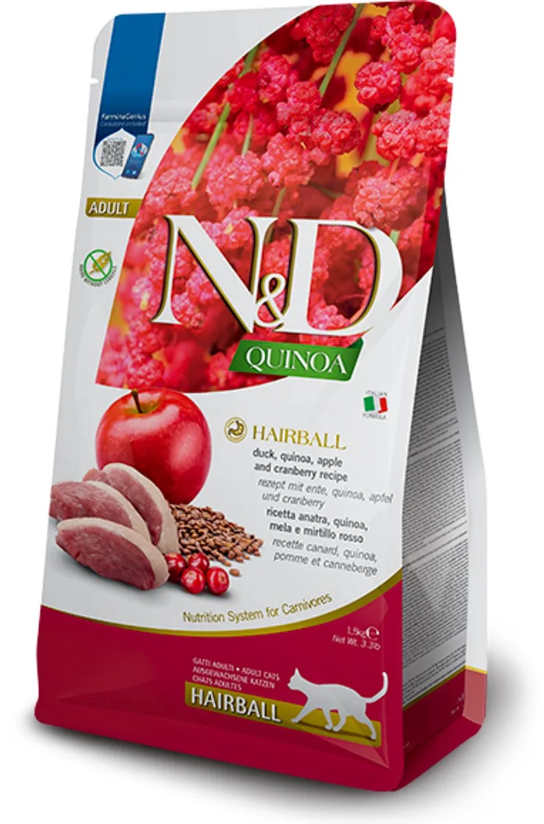 Quinoa kattenvoeding Hairball Eend Adult 1,5 kg de Farmina – photo produit