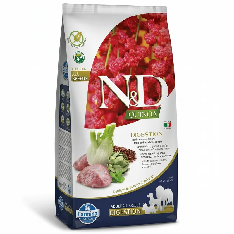 Quinoa-Serie Verdauungspflege Hundefutter für ausgewachsene mittelgroße bis große Hunde (Lamm) 7 kg van Farmina – productfoto