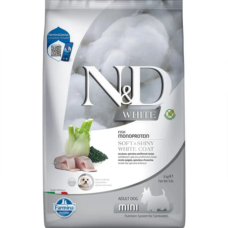 Nourriture Pour Chiens Au Bar Et à La Spiruline N&d White Mini 5kg de Farmina – photo produit
