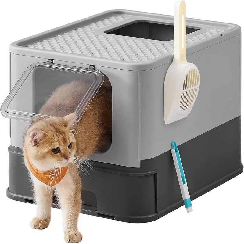 Bac à litière pour chat avec couvercle, Plateau extensible, Pelle, Brosse, Pour chats jusqu'à 15 kg, Moins de traces, Base étanche, Gris anthracite gris tourterelle PPT001B01 de Feandrea – photo produit