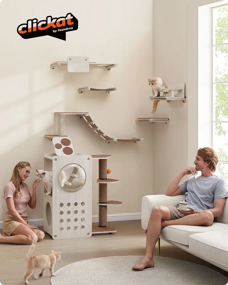 Clickat Land Kletterwand Katzen, Katzenmöbel 7er Set, Kratzbaum, Katzenbrett, Hängematte, Katzentreppe, Futterstation, Teile austauschbar waschbar, haferflockenbraun-kaffeebraun PCK901T66 de Feandrea en Kaffeebraun – photo produit