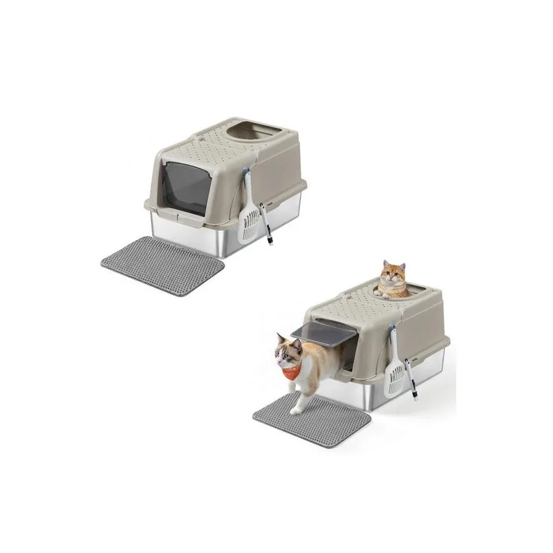 FEANDREA 2er Edelstahl Katzentoilette XL mit Deckel 2 Eingängen de Feandrea en Beige, Regular – photo produit