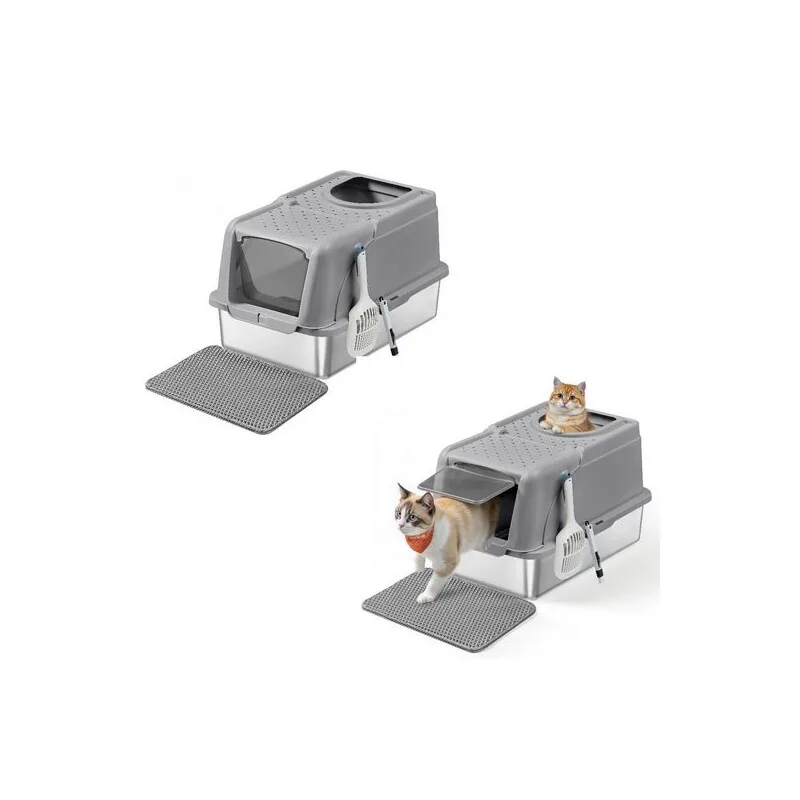 FEANDREA 2er Edelstahl Katzentoilette XL mit Deckel 2 Eingängen by Feandrea in Grey, Regular – product photo