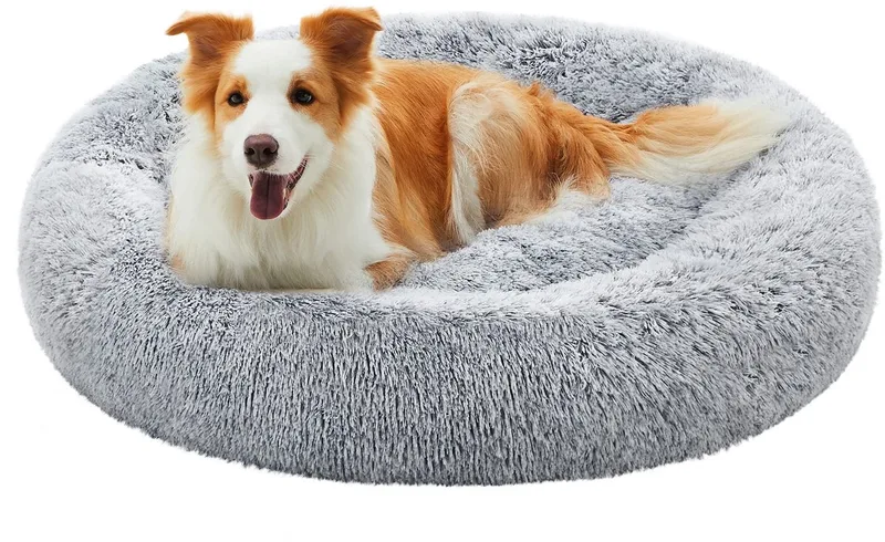 Fluffy Hondenbed, Kattenbed, Donutkussen, Wasbaar, Uitneembare Middenvulling, Lange Pluche, Diameter 90 cm, Ombre PGW041G01 von Feandrea in Grau – Produktfoto