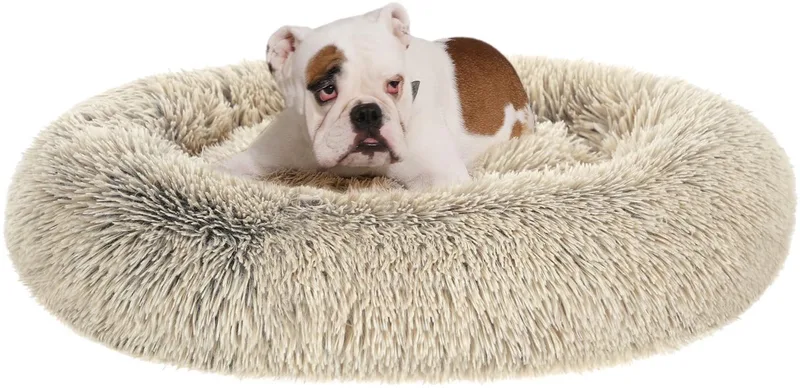 Fluffy Hondenbed, Kattenbed, Donutkussen, Wasbaar, Uitneembare Middenvulling, Lange Pluche, Diameter 90 cm, Ombre-Khaki PGW041S01 von Feandrea in Beige – Produktfoto