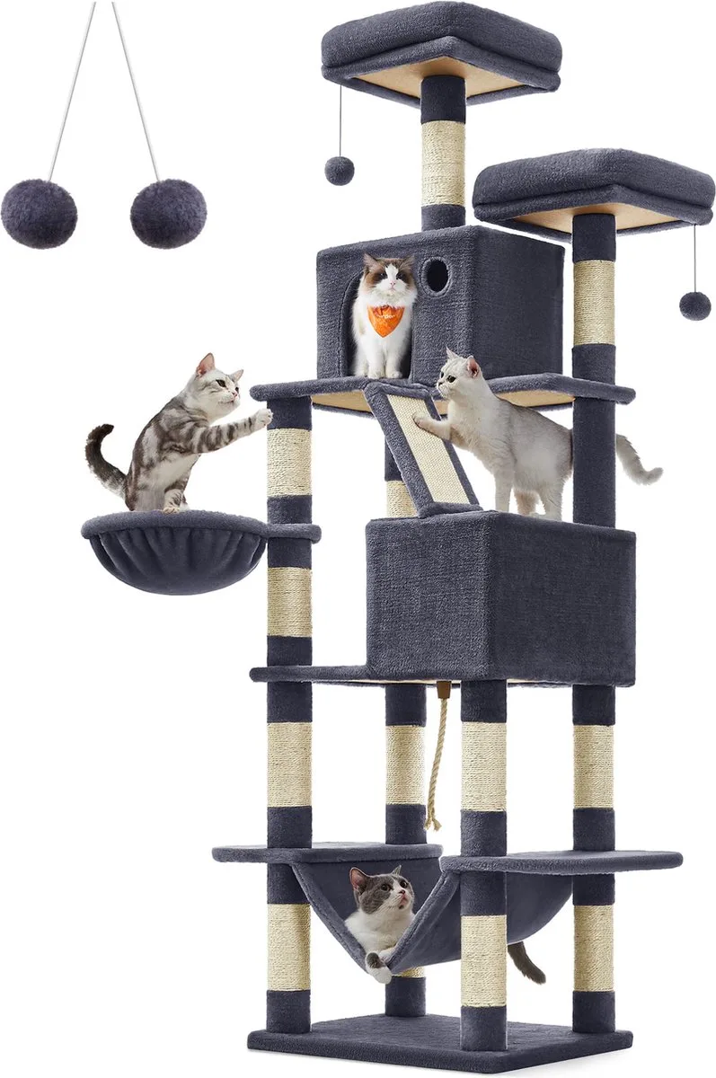 FurnStar - XXL Krabpaal 206 cm - Grote Kattenboom - 13 Krabzuilen - 2 Platforms - 2 Holletjes - Mand - Hangmat - Pluche Ballen - Meerdere Verdiepingen by Feandrea in Rookgrijs – product photo