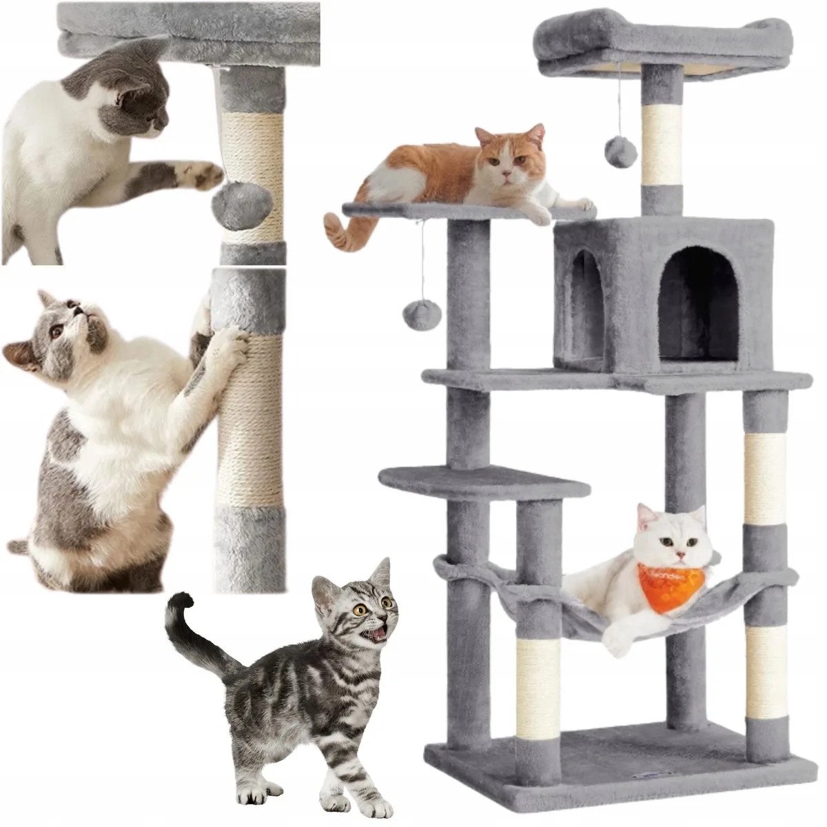 Grote Kattenkrabpaal XL 143cm met 6 Niveaus, Hammat en Huisje de Feandrea en Gris – photo produit
