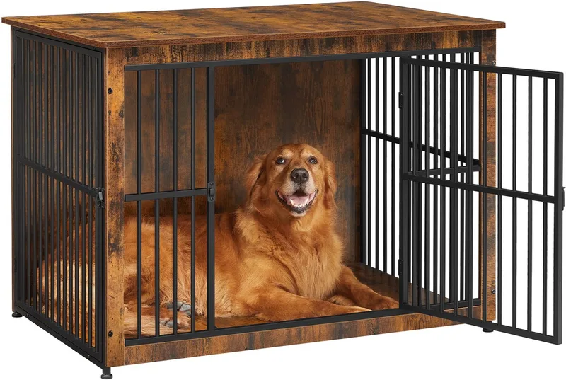 Hondenbench - Bijzettafel en Hondenhuis - 2 Deuren - Gesloten Bodem de Feandrea en Vintagebruin – photo produit
