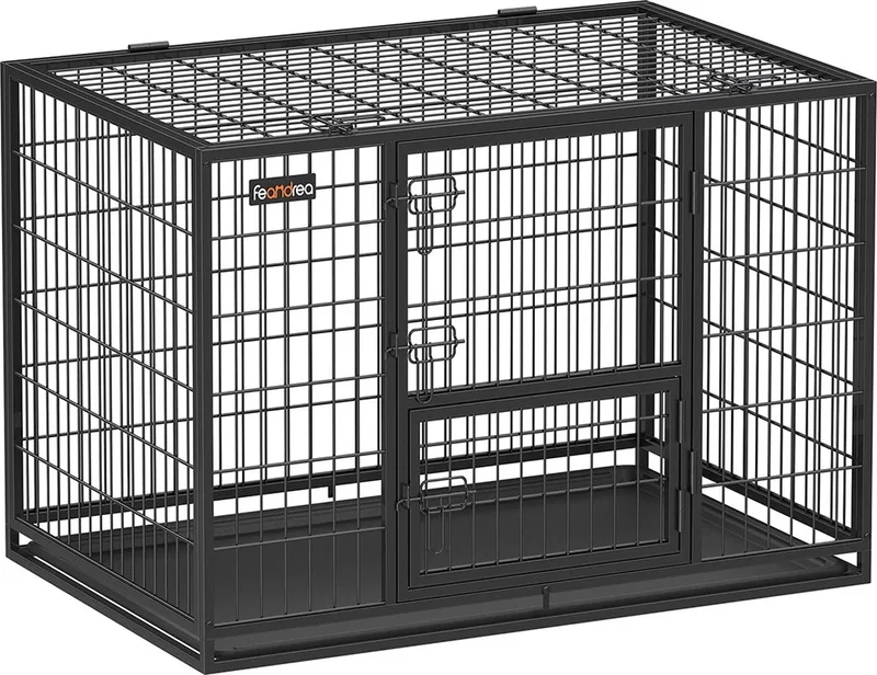 Hondenbench, hoog belastbaar, roosterbox, draagbare huisdierenkooi, 107 x 70 x 74,9 cm, voor middelgrote en grote honden, veilig, 2 afneembare deuren, puppyuitloop, XL by Feandrea in Black – product photo