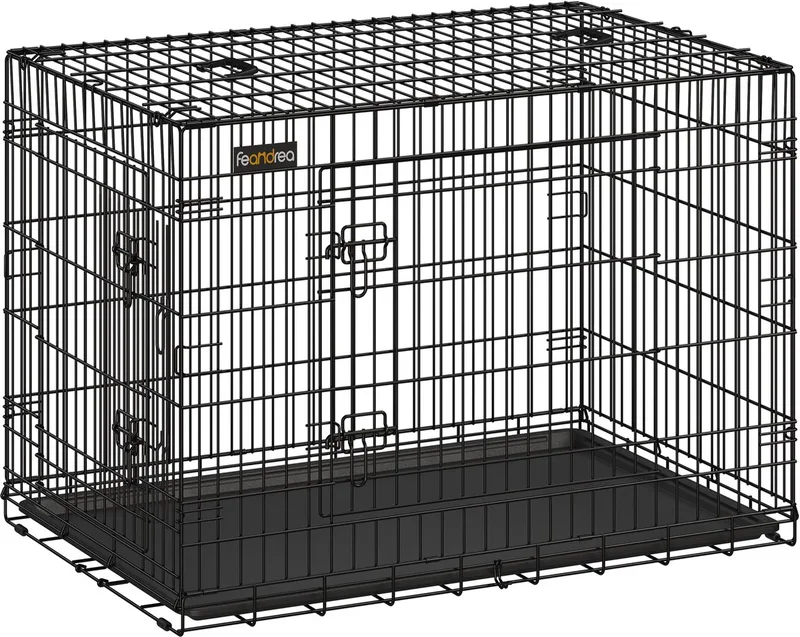 Hondenbench - Opvouwbare - Met Kunststof Bodem en 2 Deuren - Voor Thuisgebruik by Feandrea in Black – product photo