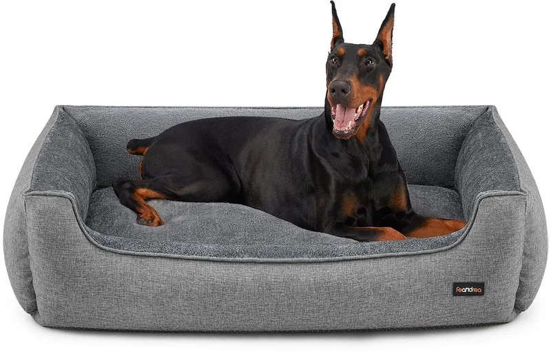 Hondenmand - Hondenbed met Verhoogde Randen - Afneembare en Wasbare Hoes - Antislip Onderkant de Feandrea en Gris clair – photo produit