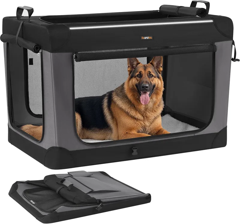 Hondenrugzak - Opvouwbare Hondenbench - Transportbox voor Grote Honden - Met 4 Deuren en Handgrepen de Feandrea en Noir – photo produit