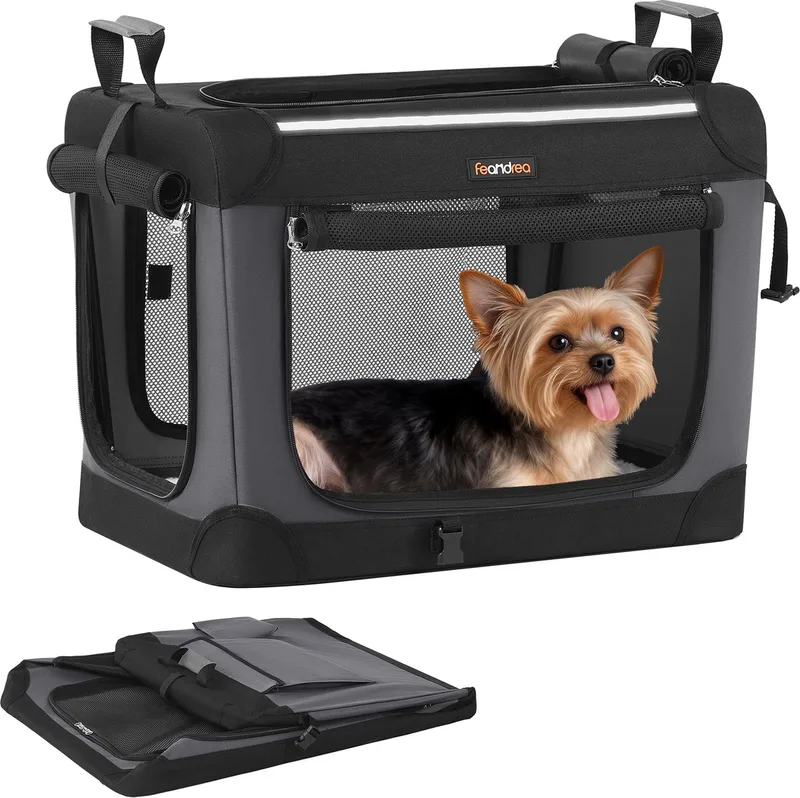 Hondenrugzak - Opvouwbare Hondenbench - Transportbox voor Kleine Honden - Met 4 Gaasdeuren en Handgrepen de Feandrea en Noir – photo produit