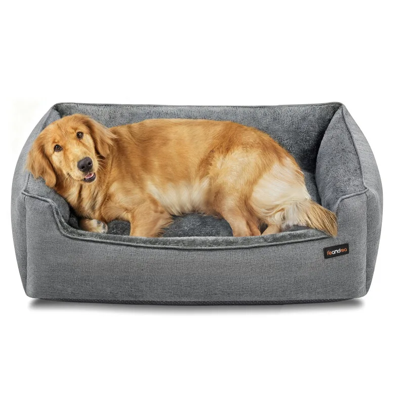 Hundebett in Leinenoptik, Hundekorb, erhöhte Ränder, rutschfeste Unterseite, Bezug abnehmbar waschbar by Feandrea in Regular – product photo